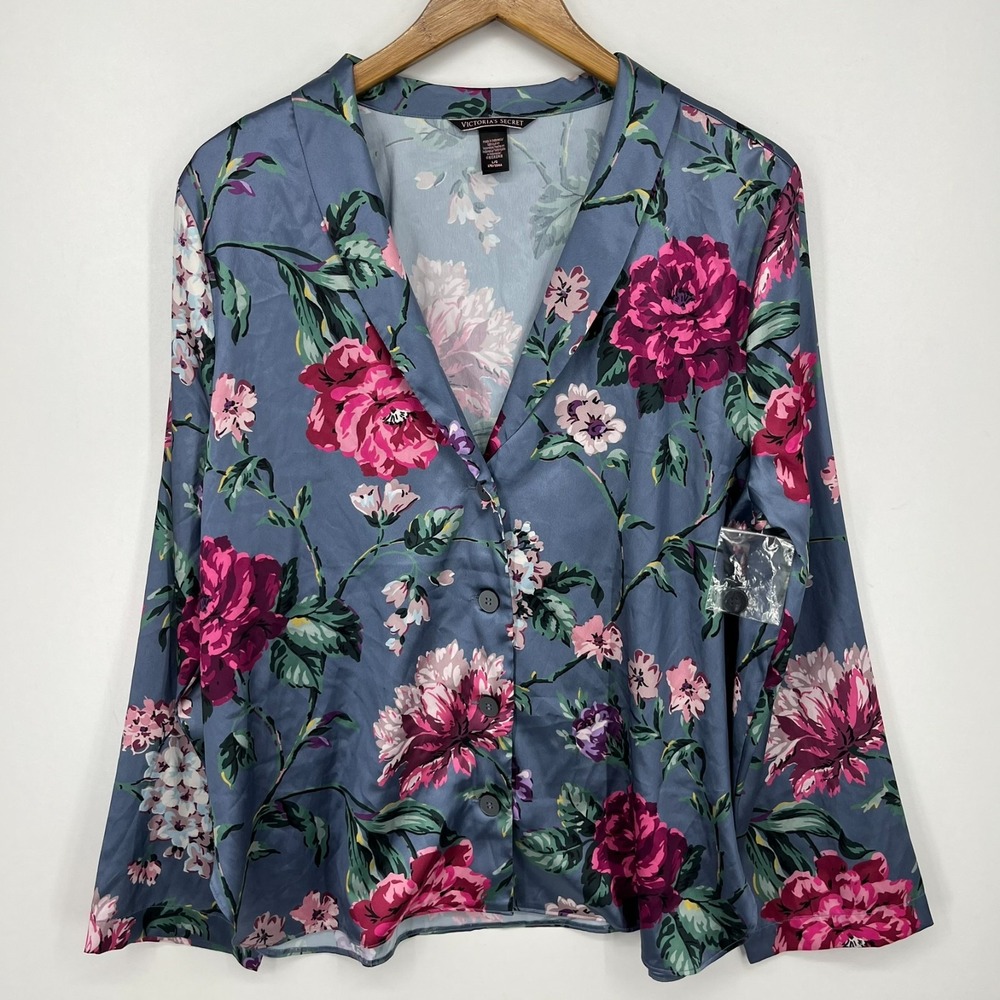 Victoria's Secret Satin Sleep Top Women's L Multicolor Long Sleeve Floral NWOT
